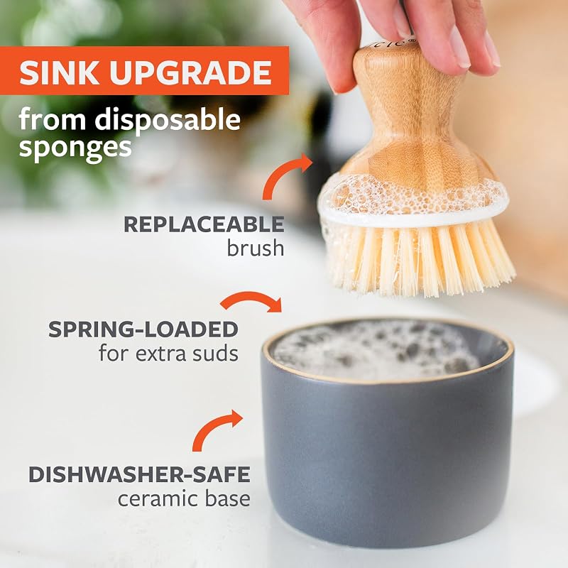 Set cepillos bambú y dispensador jabón cerámica cocina