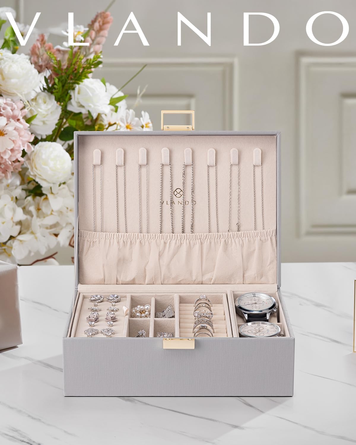 Joyero grande con bandeja extraíble para joyas y relojes mujer