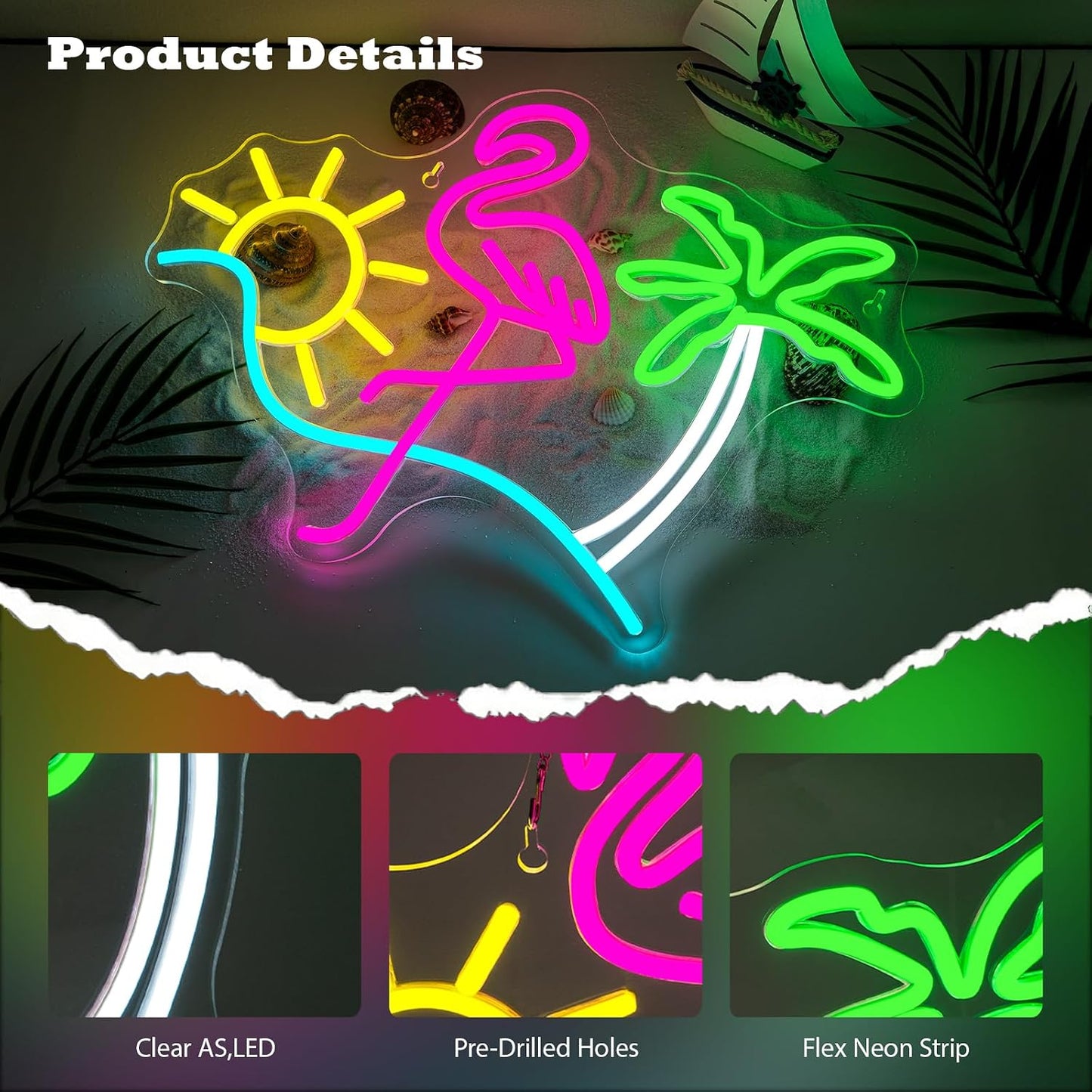 Letrero neón sol palmera USB decoración pared