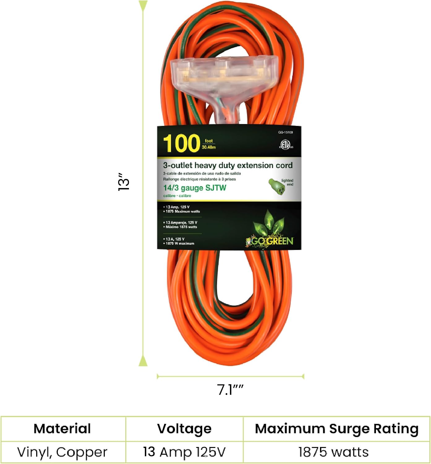Cable extensión 100ft naranja extremo iluminado SJTW 14/3