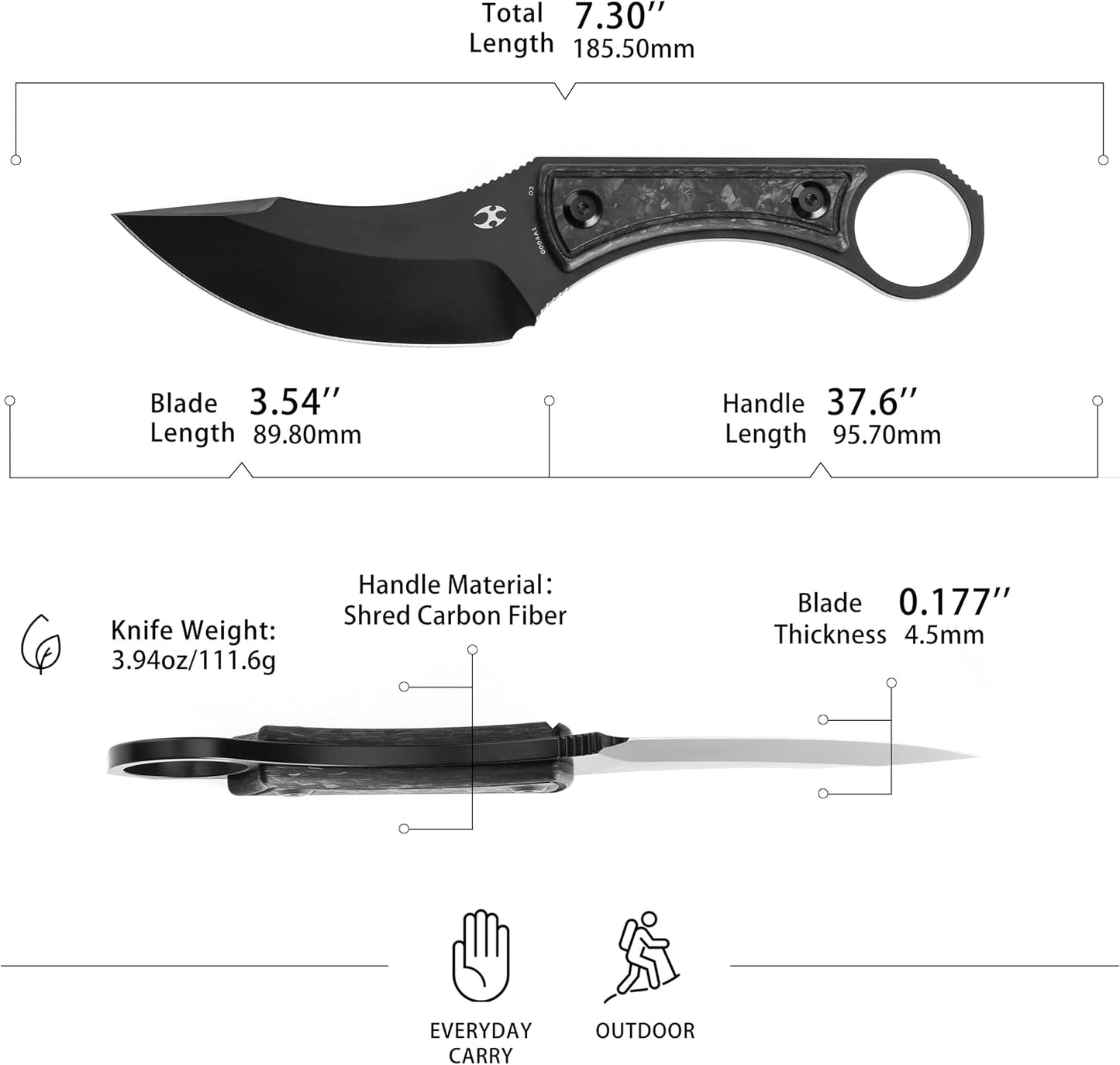 Cuchillo fijo D2 3.54pulg mango fibra carbono funda kydex