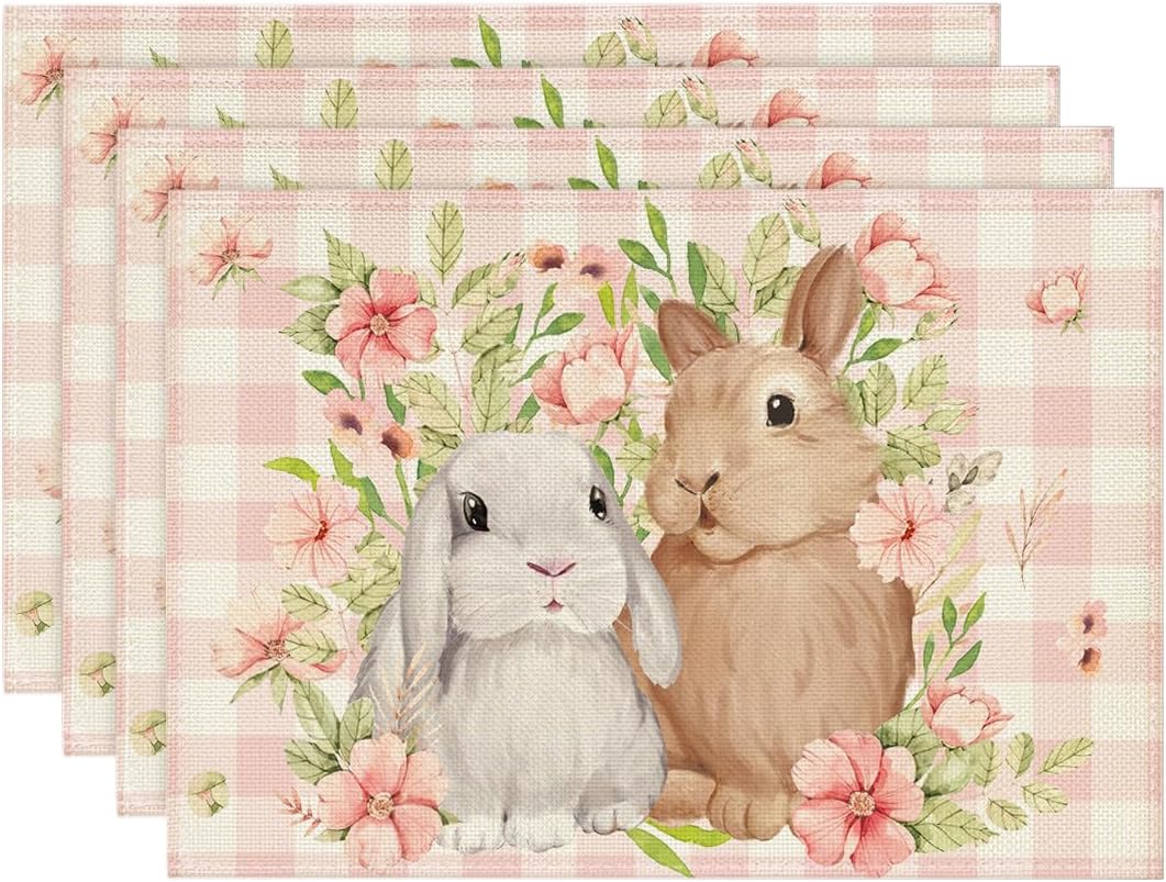 Set 4 Manteles Pascua Conejo Flores 12x18pulg