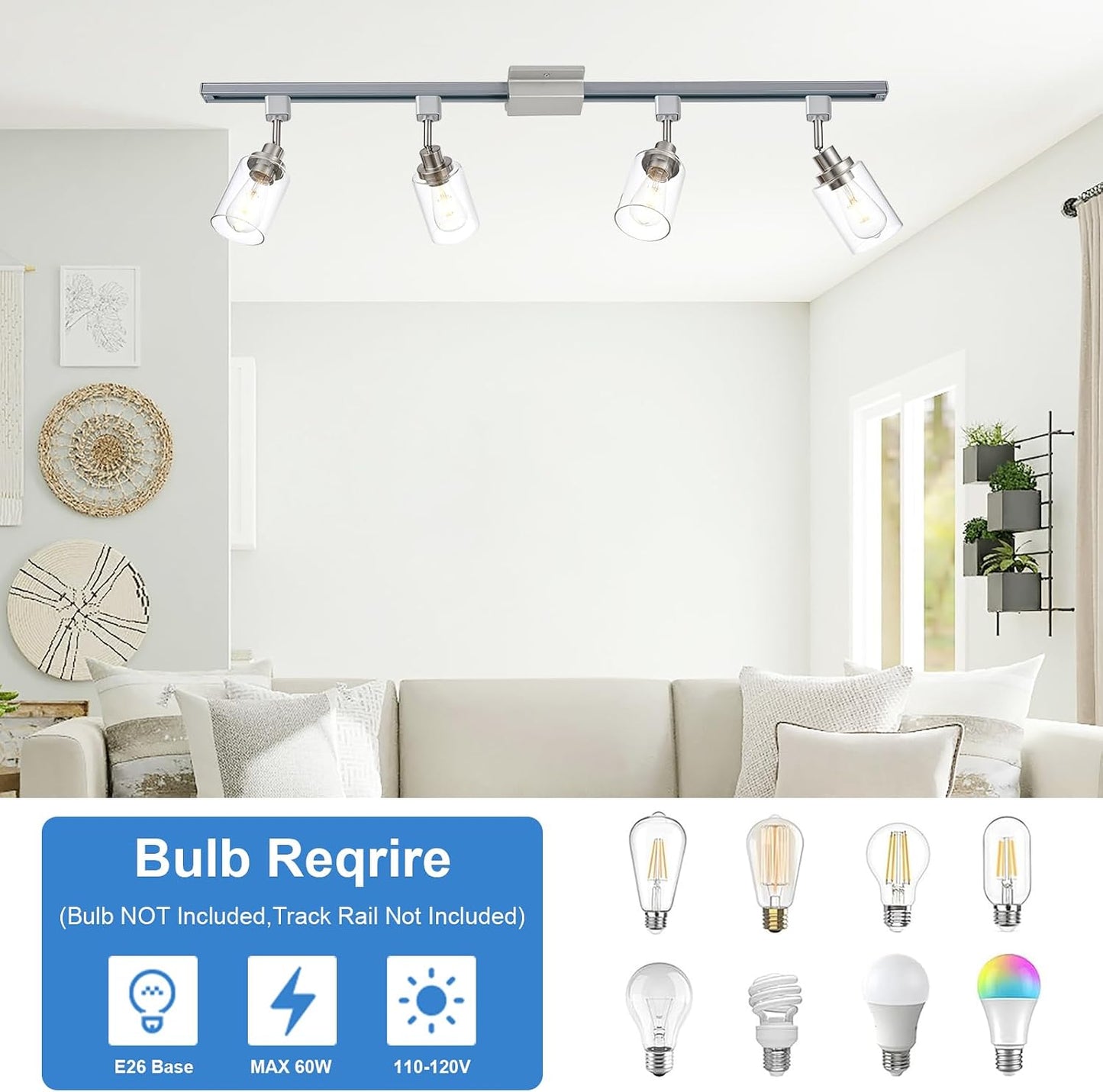 4 Cabezales luz tipo H E26 níquel cepillado vidrio