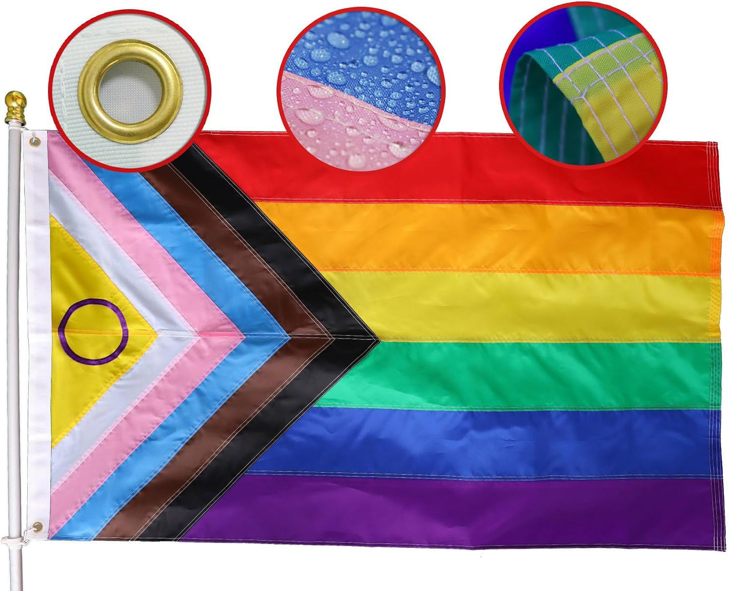 Bandera Progress Pride 3x5ft Nylon 220D Cosidas