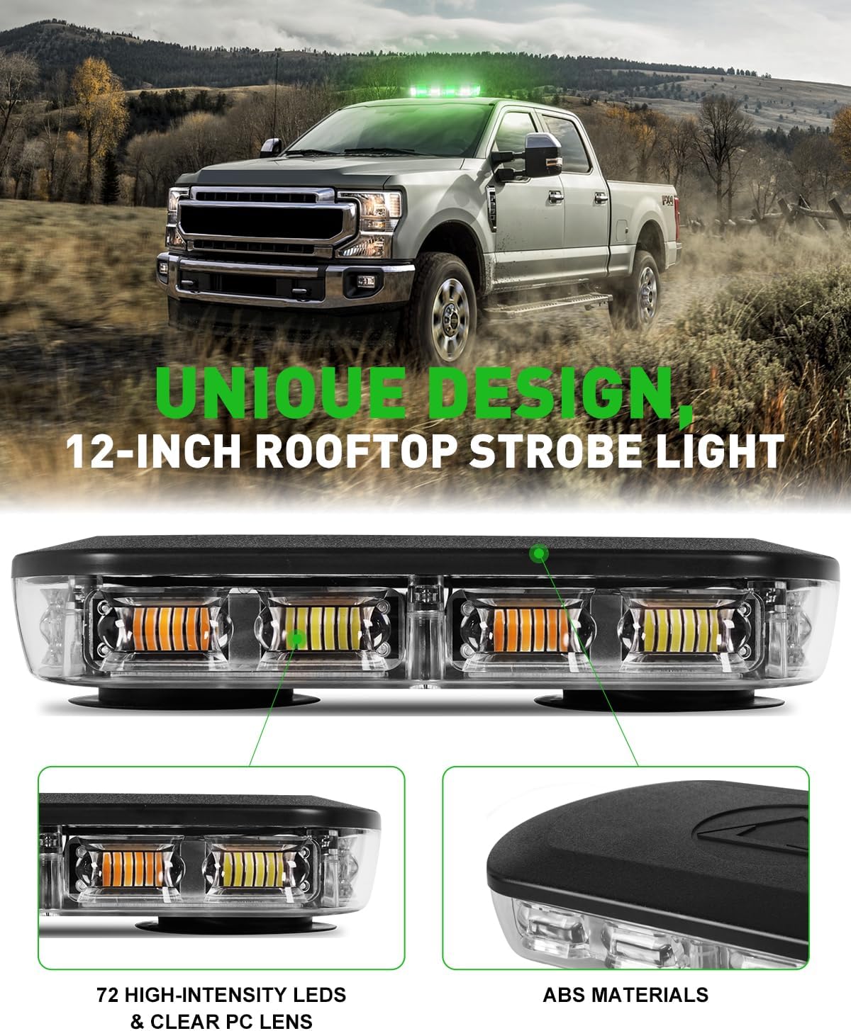 Barra luces estroboscópicas 72 LED verde blanco 12-24V