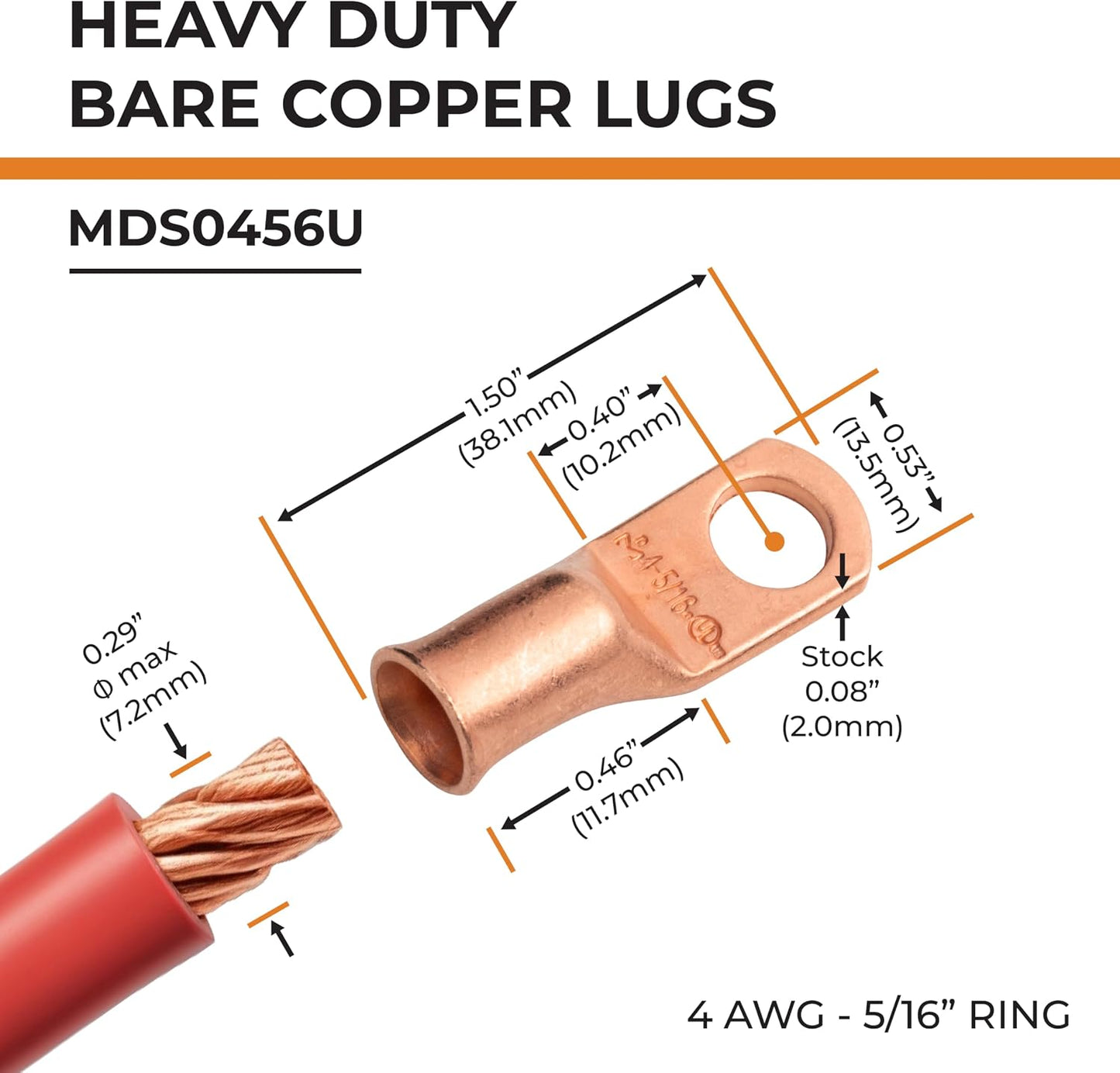 2 Terminales Anillo 4 AWG 5/16pulg Pernos de Cobre UL