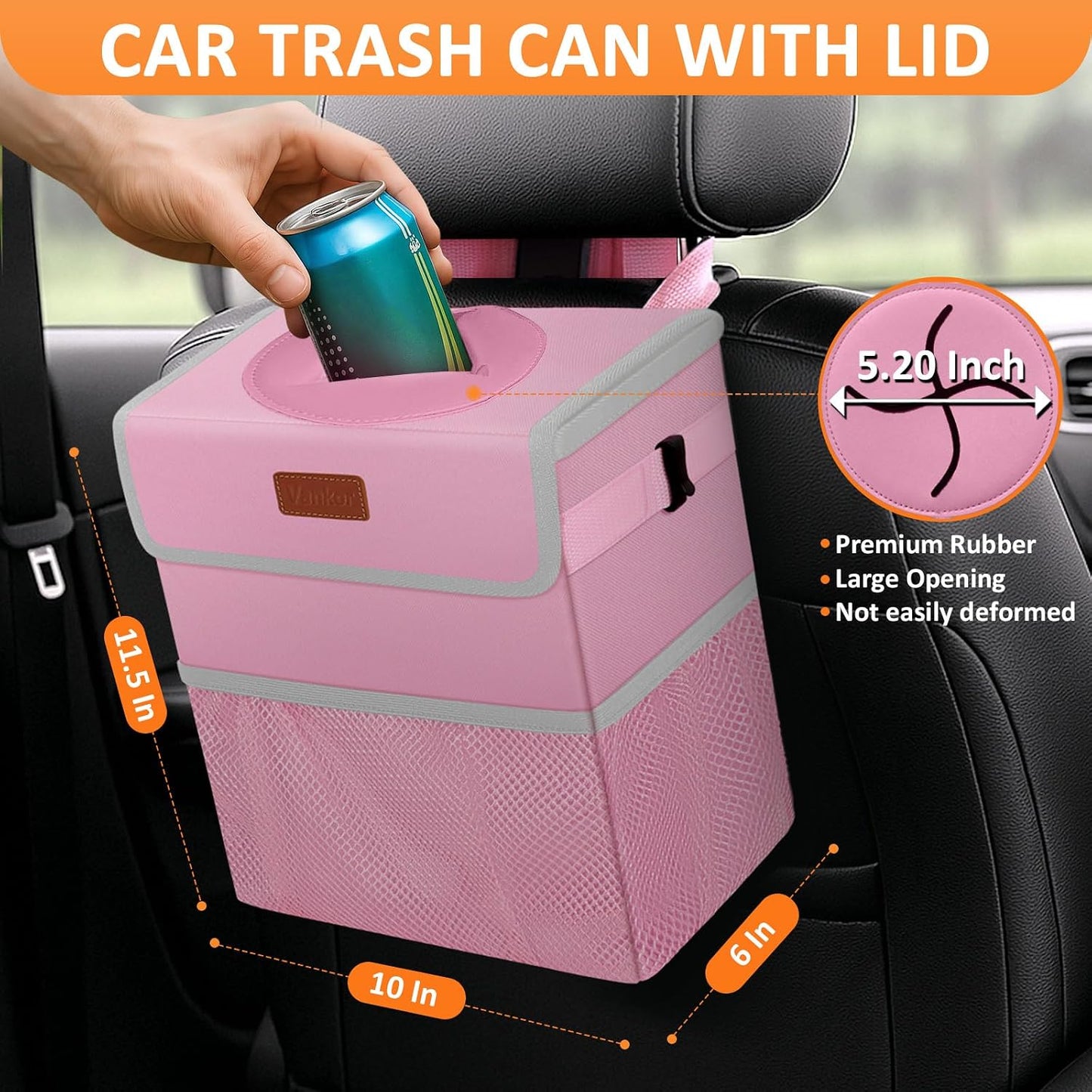 Papelera coche 3gal con tapa bolsa impermeable rosa