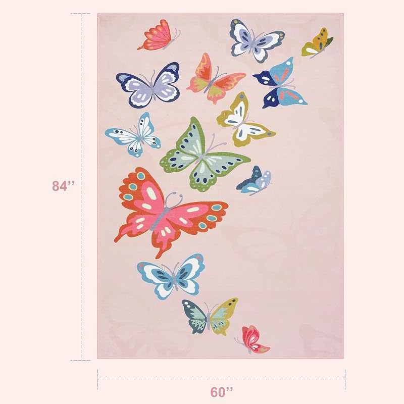 Alfombra antiderrap rosa mariposa dormitorio niña 5x7ft