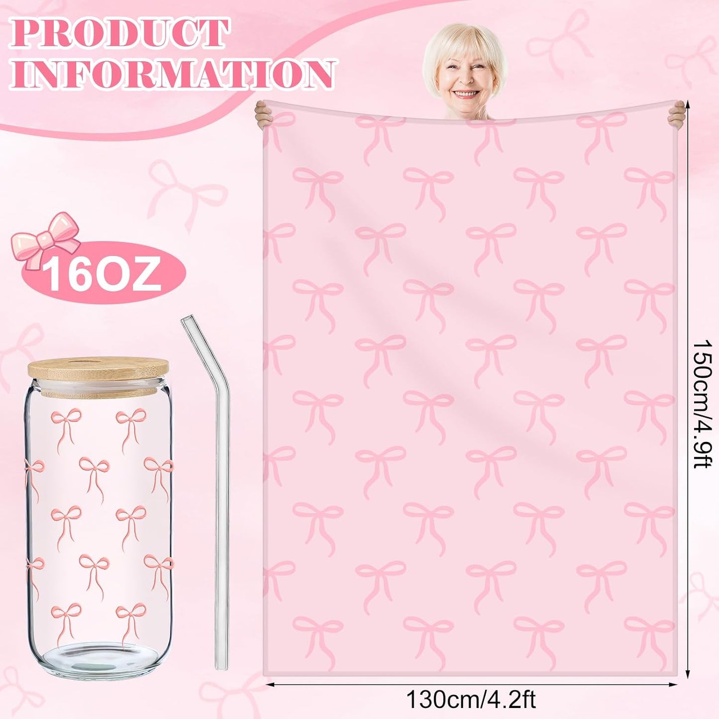 Set 2 Pzas Lazo Rosa Manta y Taza Vidrio 16oz
