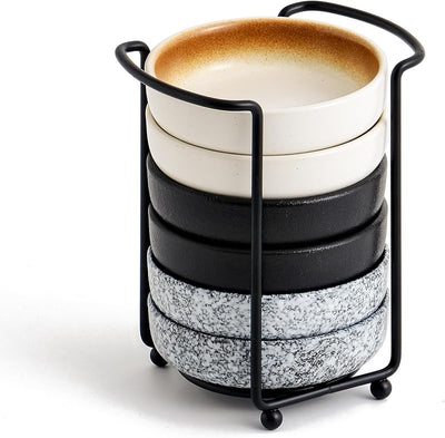 Set 6 Cuencos Cerámica 3.5pulg Soporte Metal Salsa Barbacoa