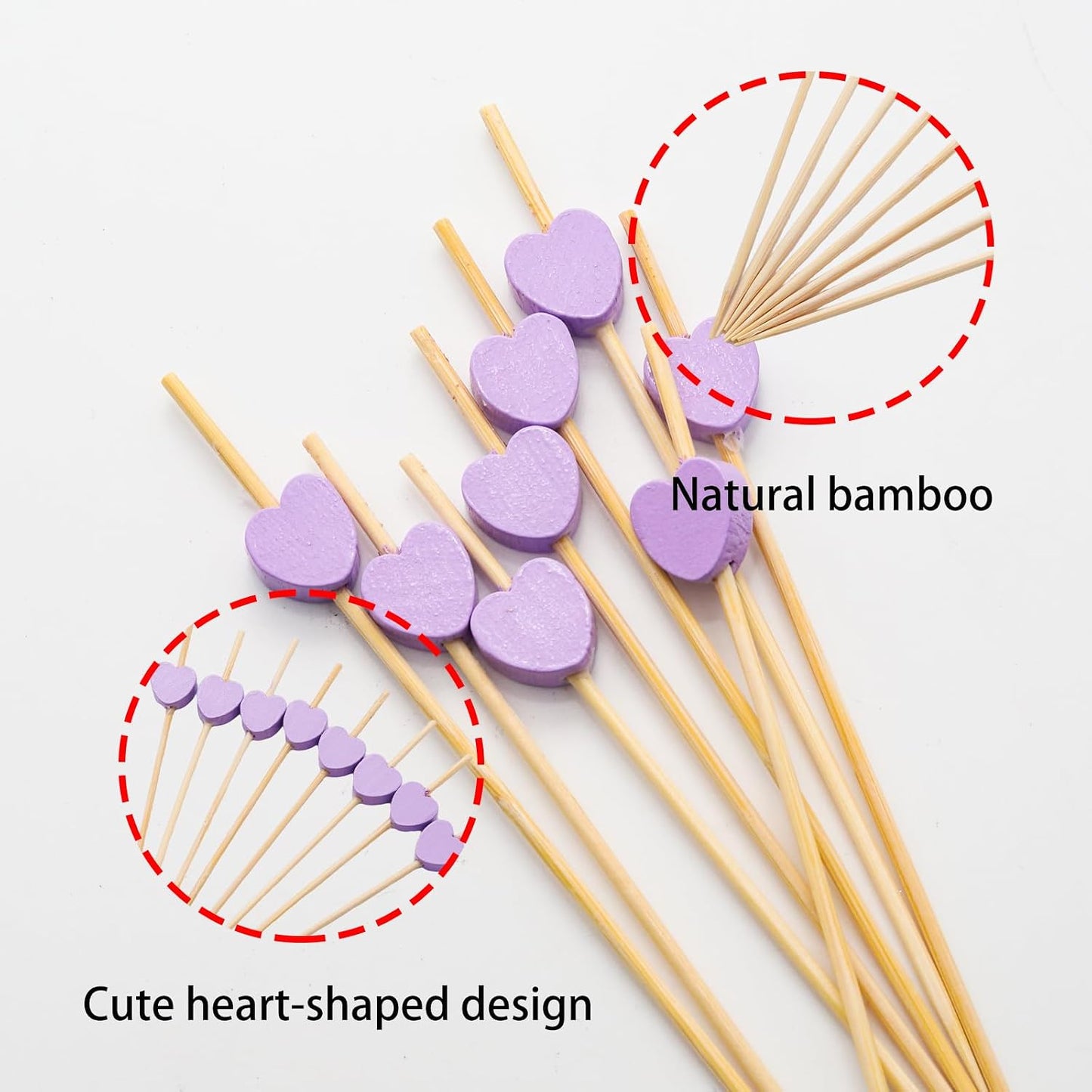 100 Palillos Bambú 4.7pulg Brochetas Frutas Bebidas Corazón Morado