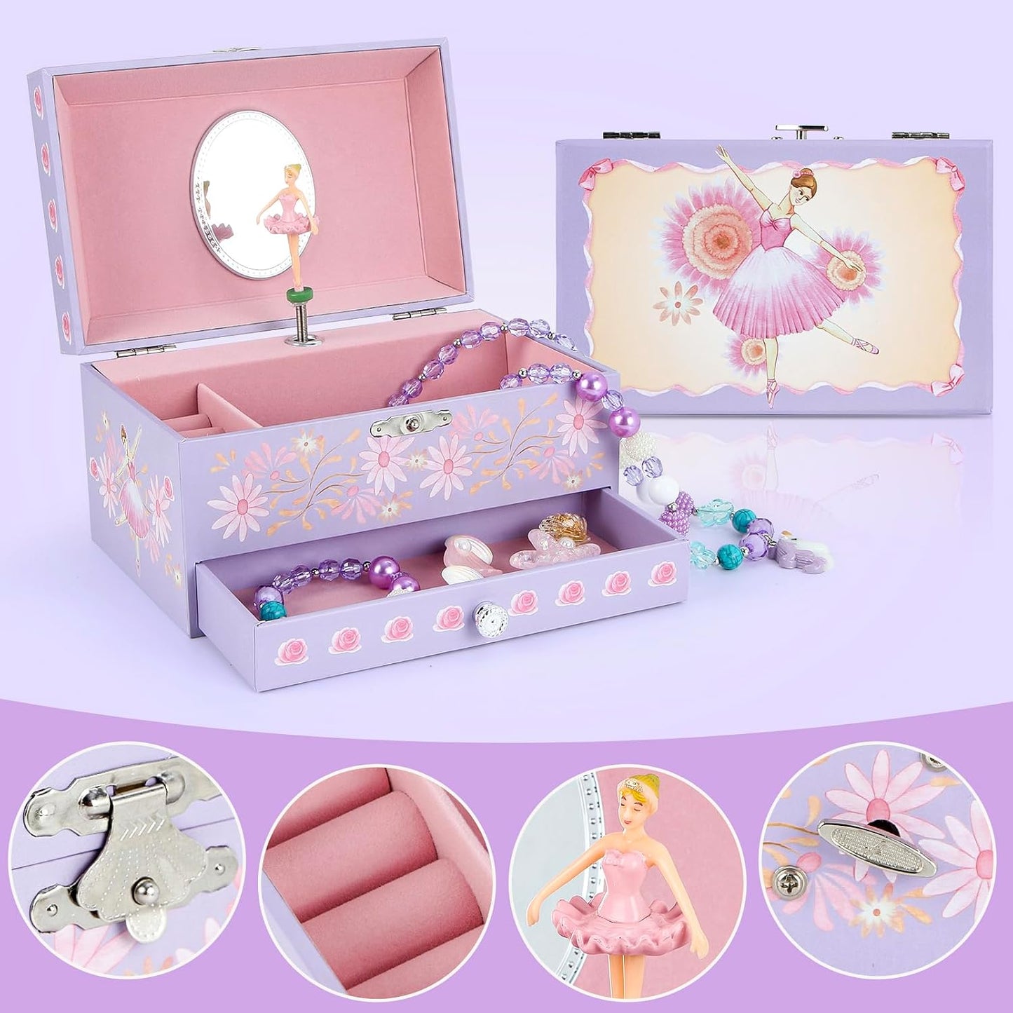 Caja joyería musical con cajón para collares y pulseras rosa