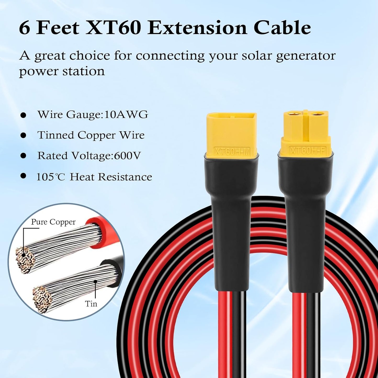 Cable XT60 10AWG 6ft conector macho a hembra para batería RC