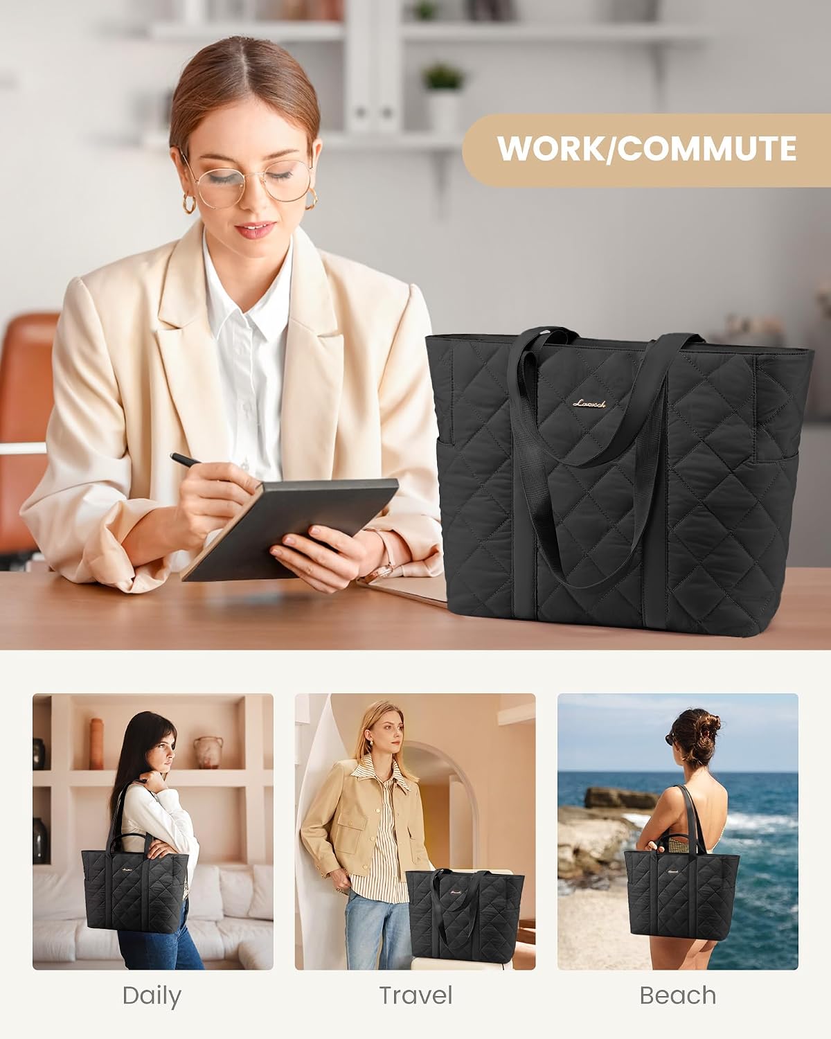 Bolsa tote acolchada ligera con múltiples bolsillos para