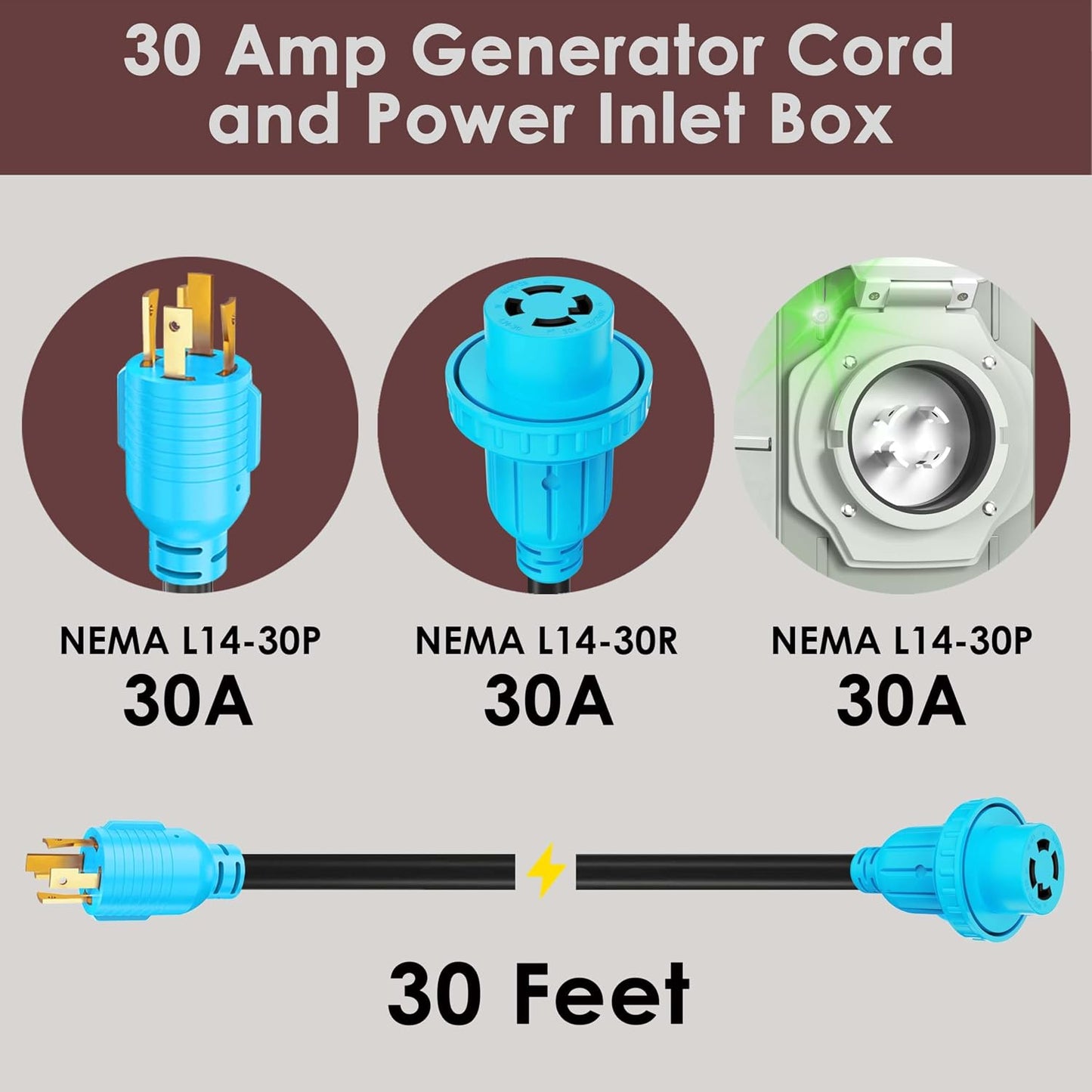 Cable extensión generador 30 pies 30A NEMA L14-30P/L14-30R