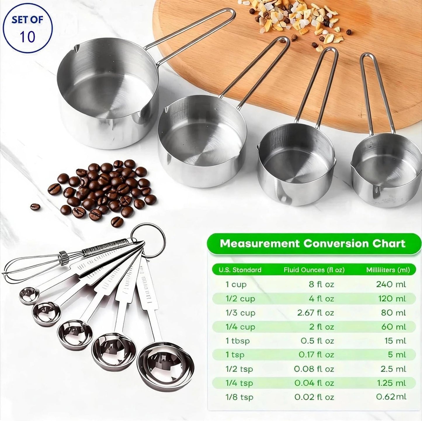 Set 10 Tazas y Cucharas Medidoras Acero Inox para Cocinar