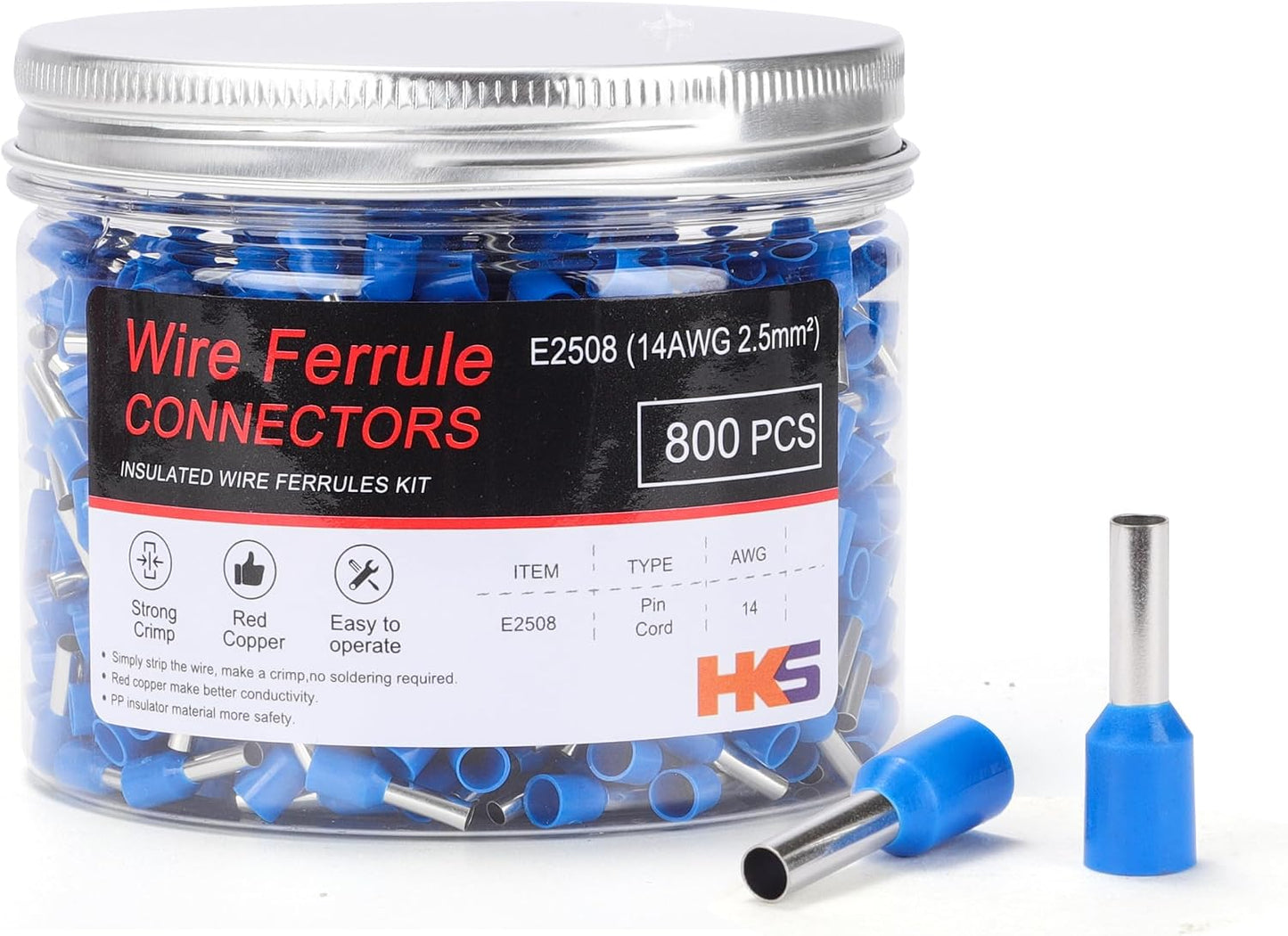 800 Pzas Conectores Casquillo Alambre AWG 14-2.5mm² E2508 Azul