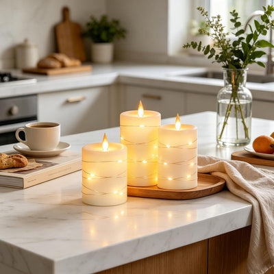 3 Velas LED Parpadeantes Cera Marfil Cadena Cobre