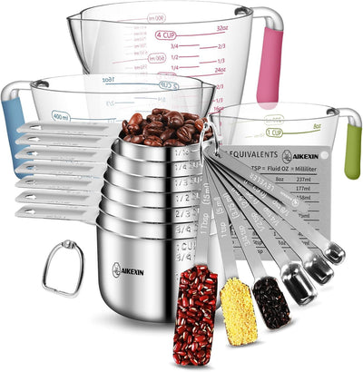 Set 20 Tazas y Cucharas Medidoras Acero Inox Apilables