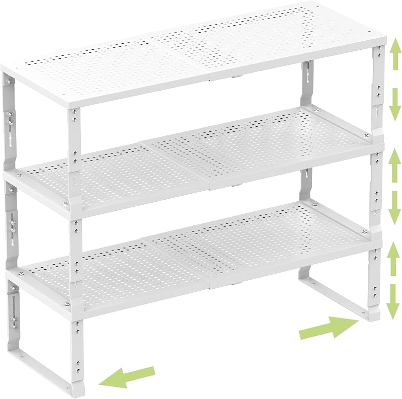 Organiz. estante metálica ajustable apilable 3uds blanco