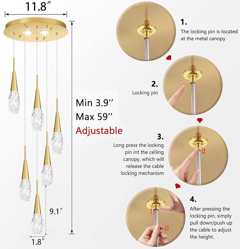 6 Luces Colgantes LED Regulables Cristal Oro Antiguo
