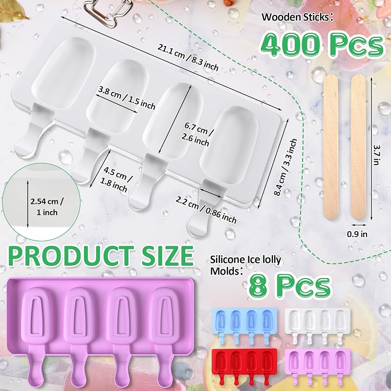 8 Moldes Silicona Helados 400 Palos Madera 4 Cavidades