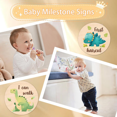 Letrero hitos bebe 13 pzas tarjetas dinosaurio madera