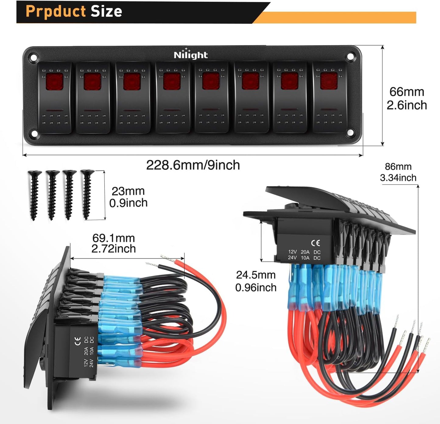 Panel interruptores basculantes 8 pos aluminio rojo