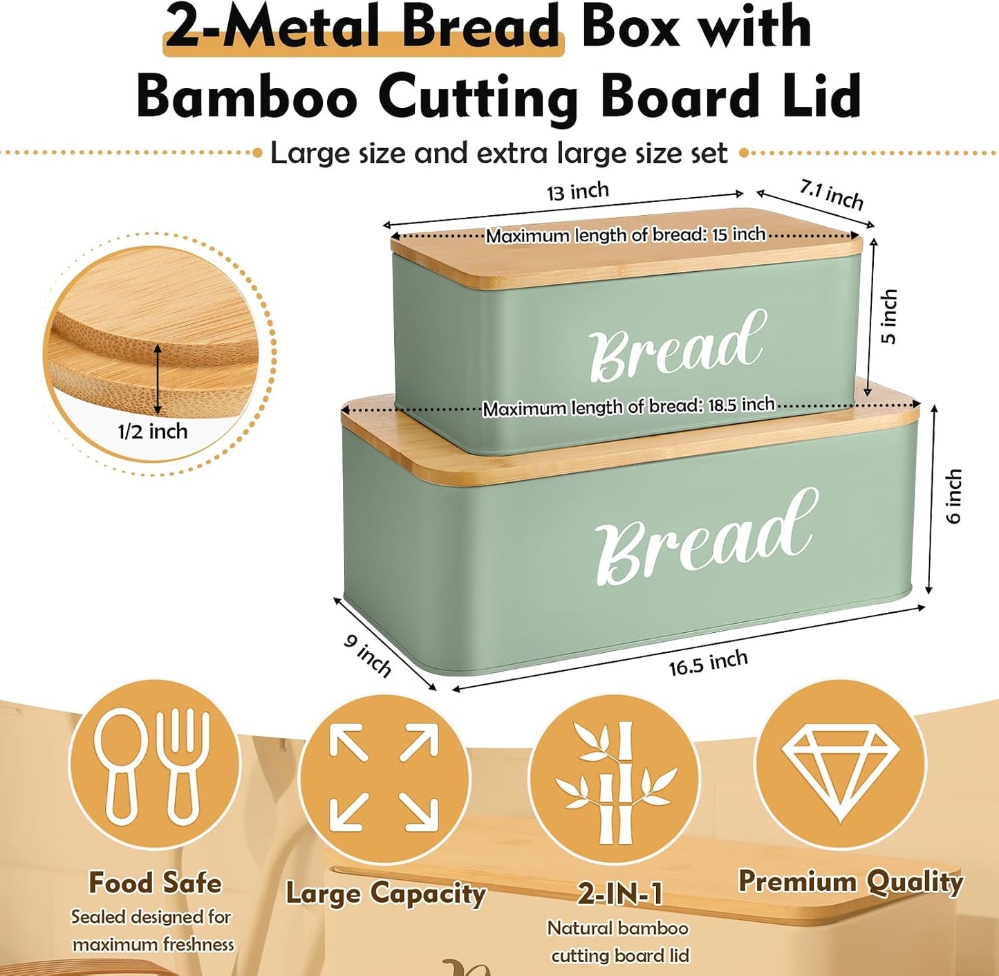 2 Cajas Pan Grande con Rebanador y Tapa Bambú Encimera