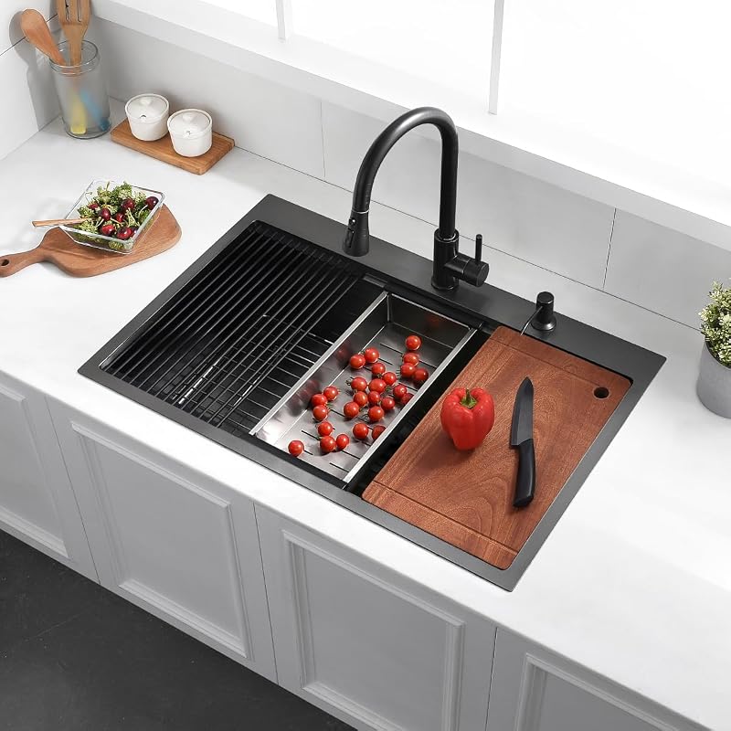Fregadero cocina negro acero inox 33x22pulg estación trabajo