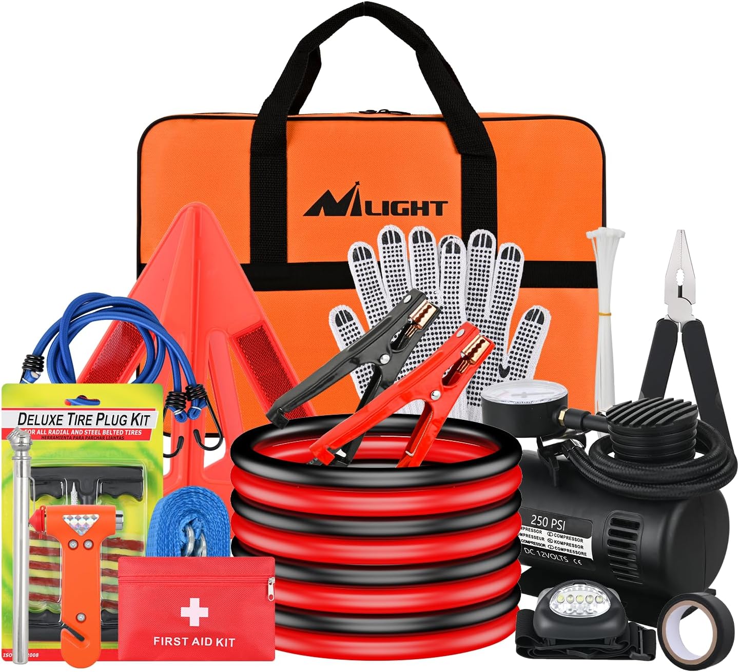Kit emergencia coche con cables de arranque y linterna