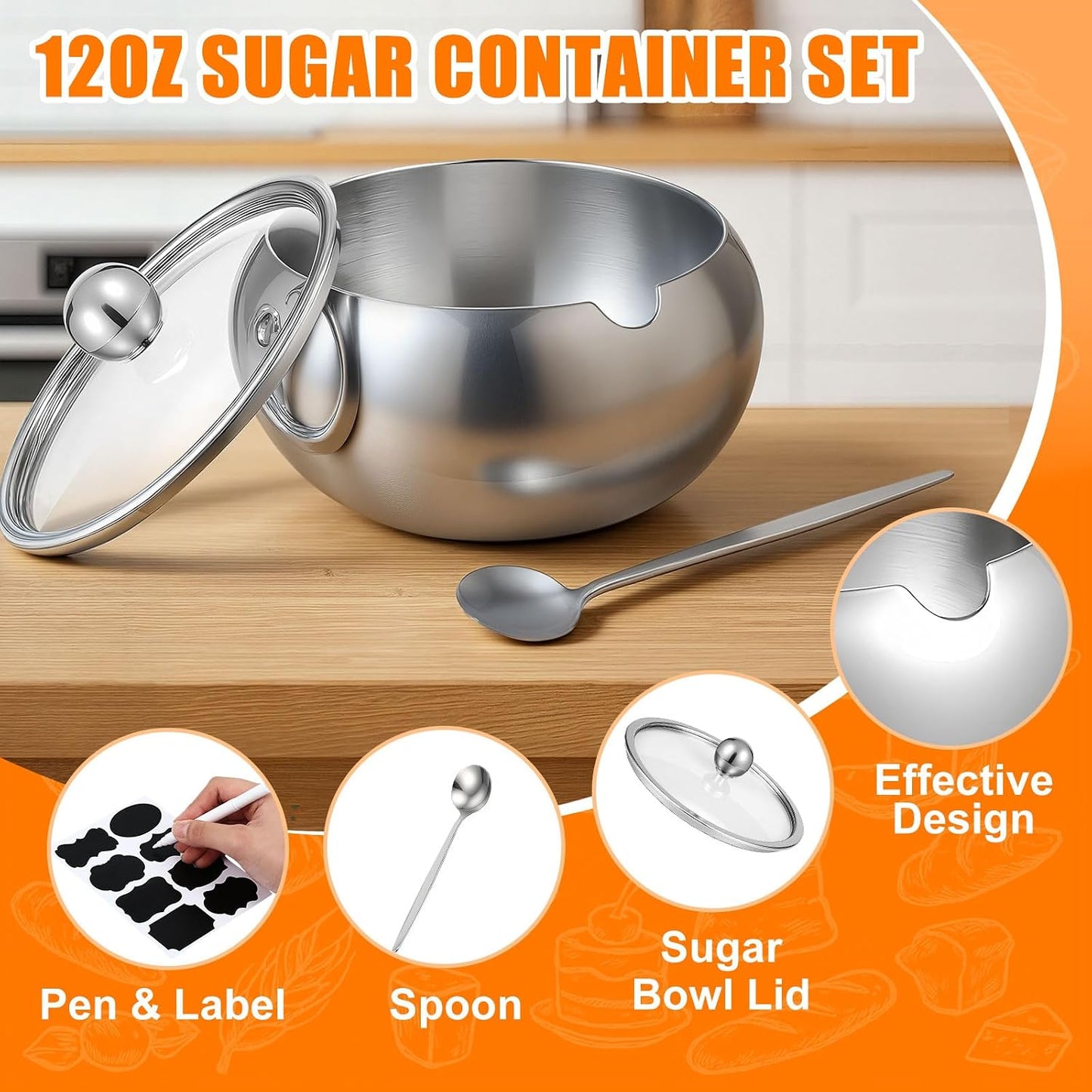 Set 2 Azucareros 12oz Acero Inox con Tapa y Cuchara