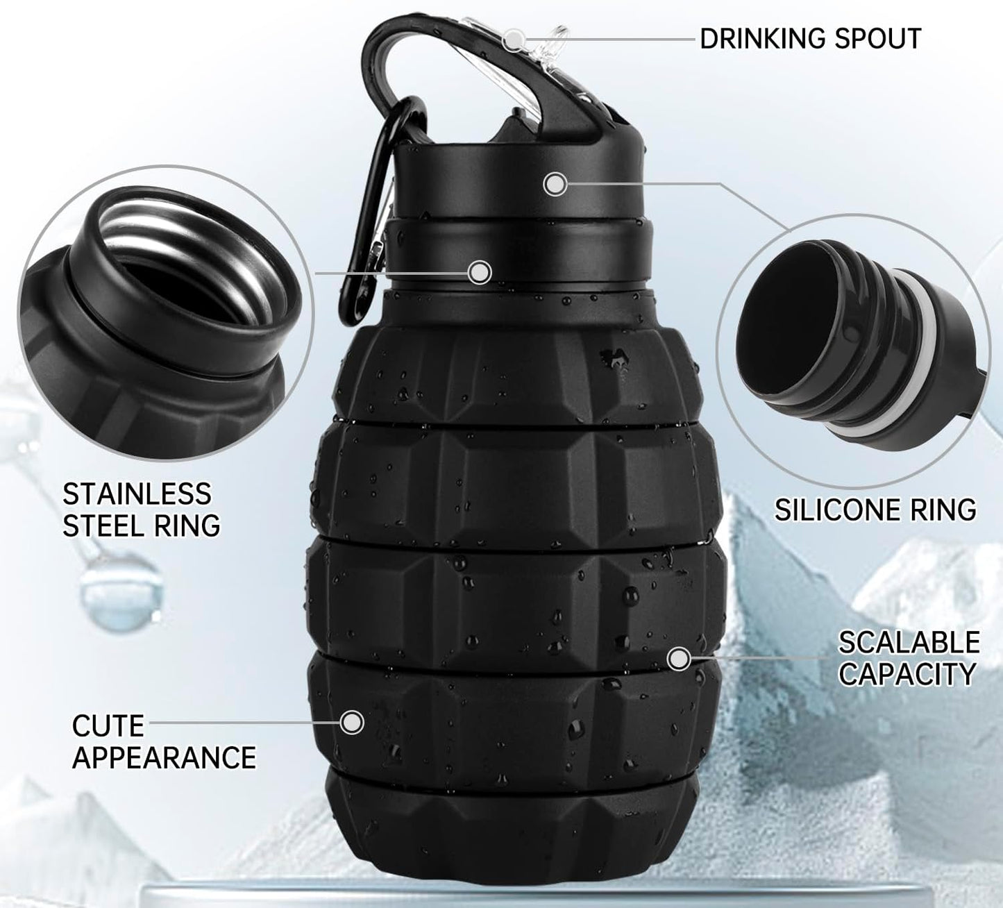 Botella agua plegable viaje 19.6oz sin BPA negro