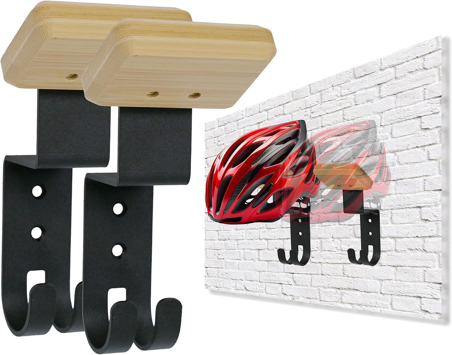 2 Soportes Pared Casco con Ganchos Madera y Acero