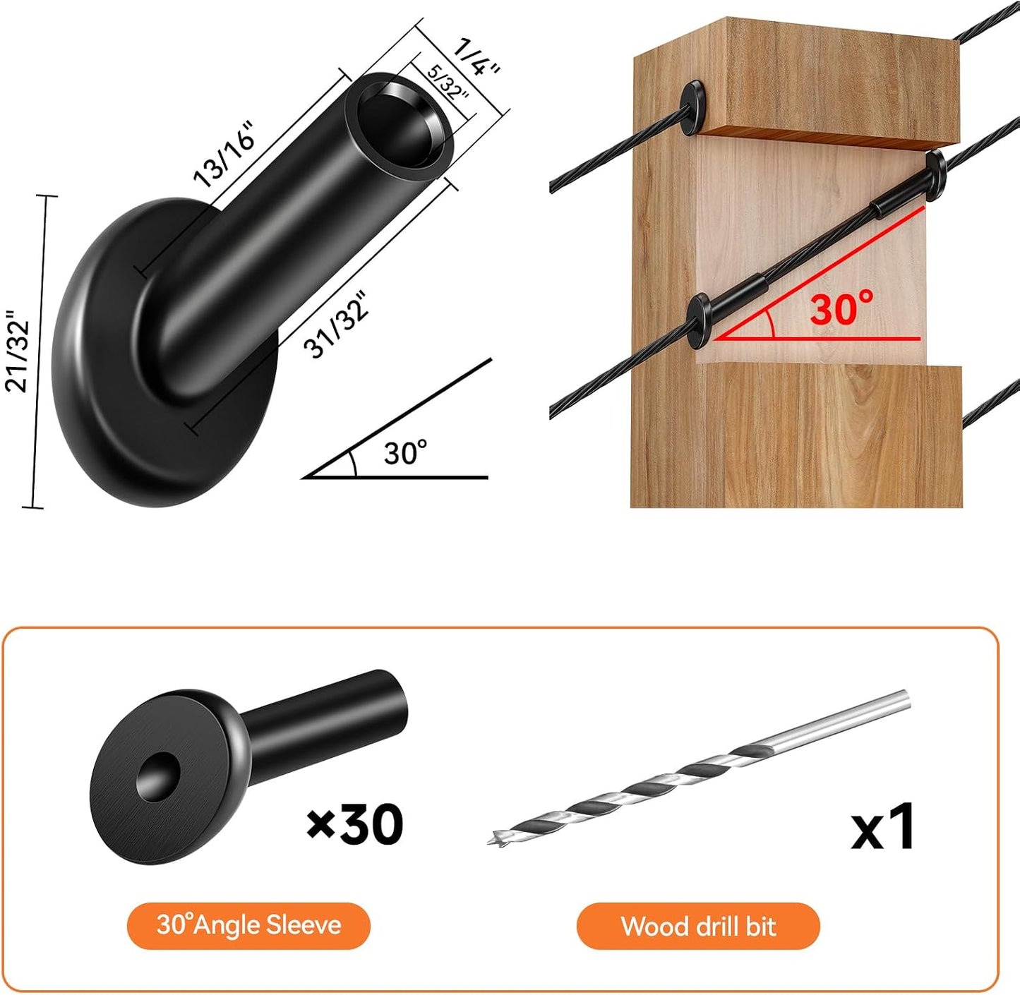 30 Fundas biseladas 30grados para barandilla poste acero inox