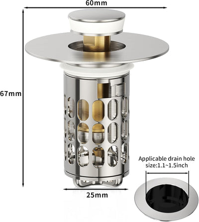 Tapón baño acero inox con recogedor pelo sello silicona 1.1-1.5pulg