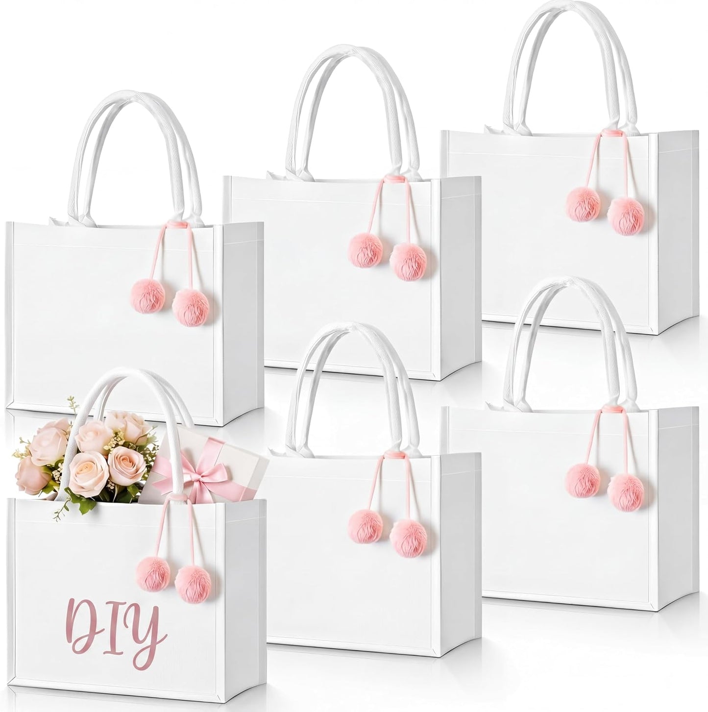 6 Pzas Bolsas Lona Personalizadas con Pompones Blanco