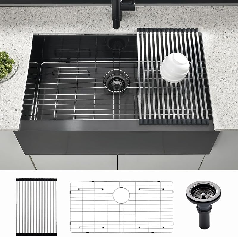 Fregadero cocina acero inox 33x20pulg negro delantal plano