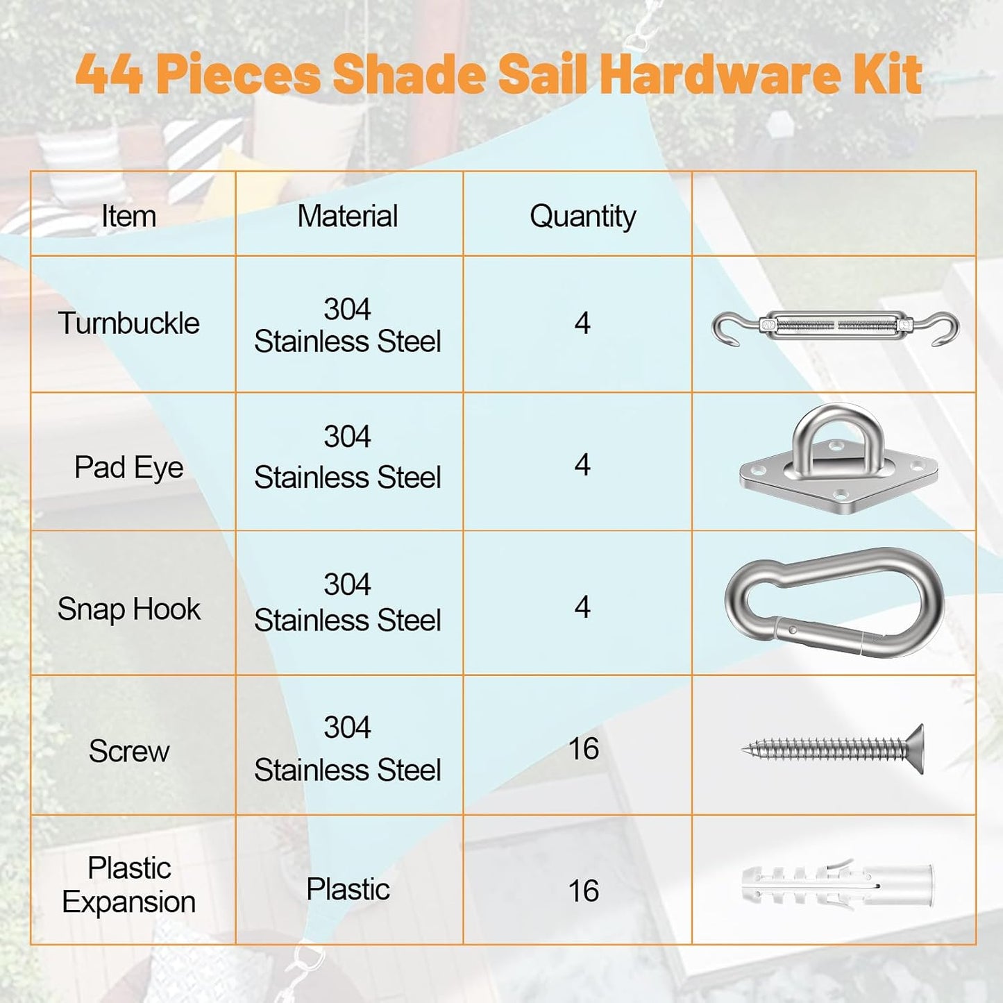 Kit accesorios vela 6" acero inox 304 para toldo 44pzas