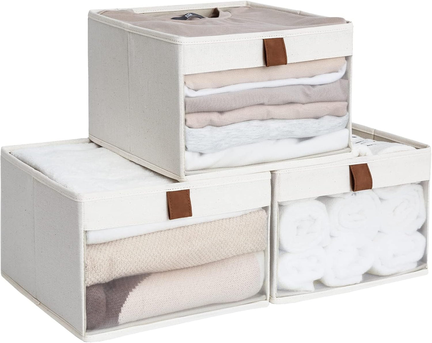 Cestas tela con ventana plegable para armario set 3 beige