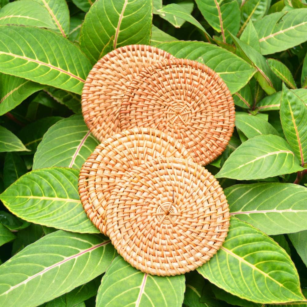 Set 4 posavasos ratán hechos a mano marrón 3.94pulg