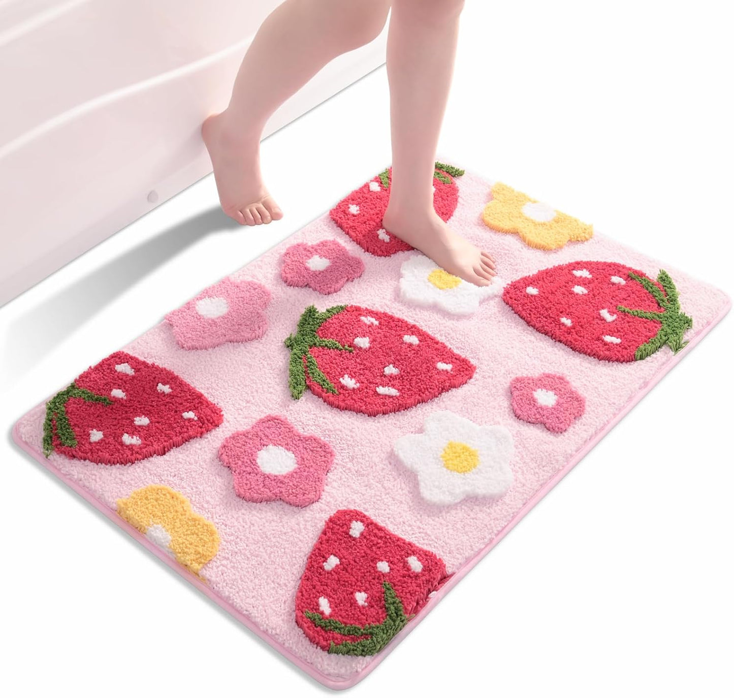 Alfombra baño rosa con flores fresa antiderrap 24x36"