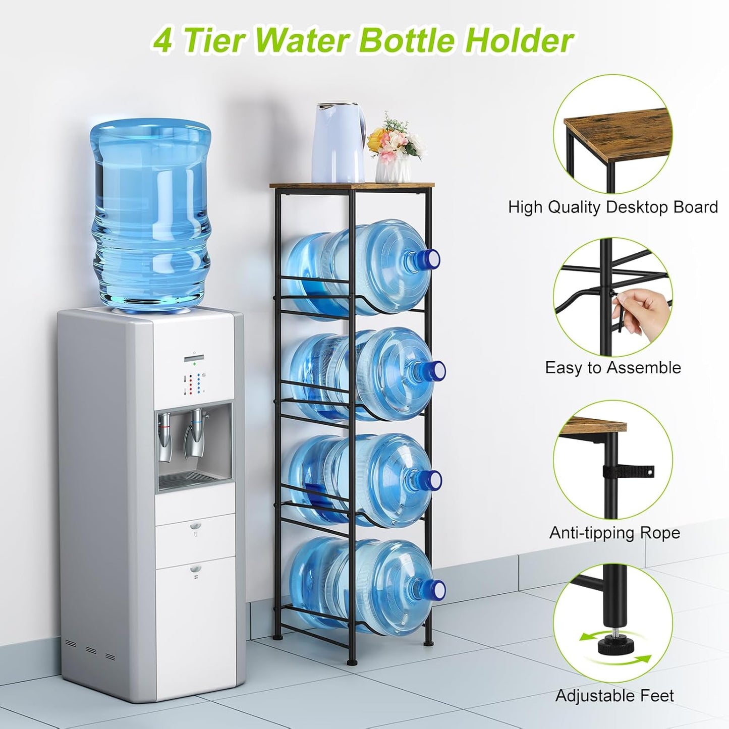 Organiz. botellas agua 5gal 4niv cocina oficina negro