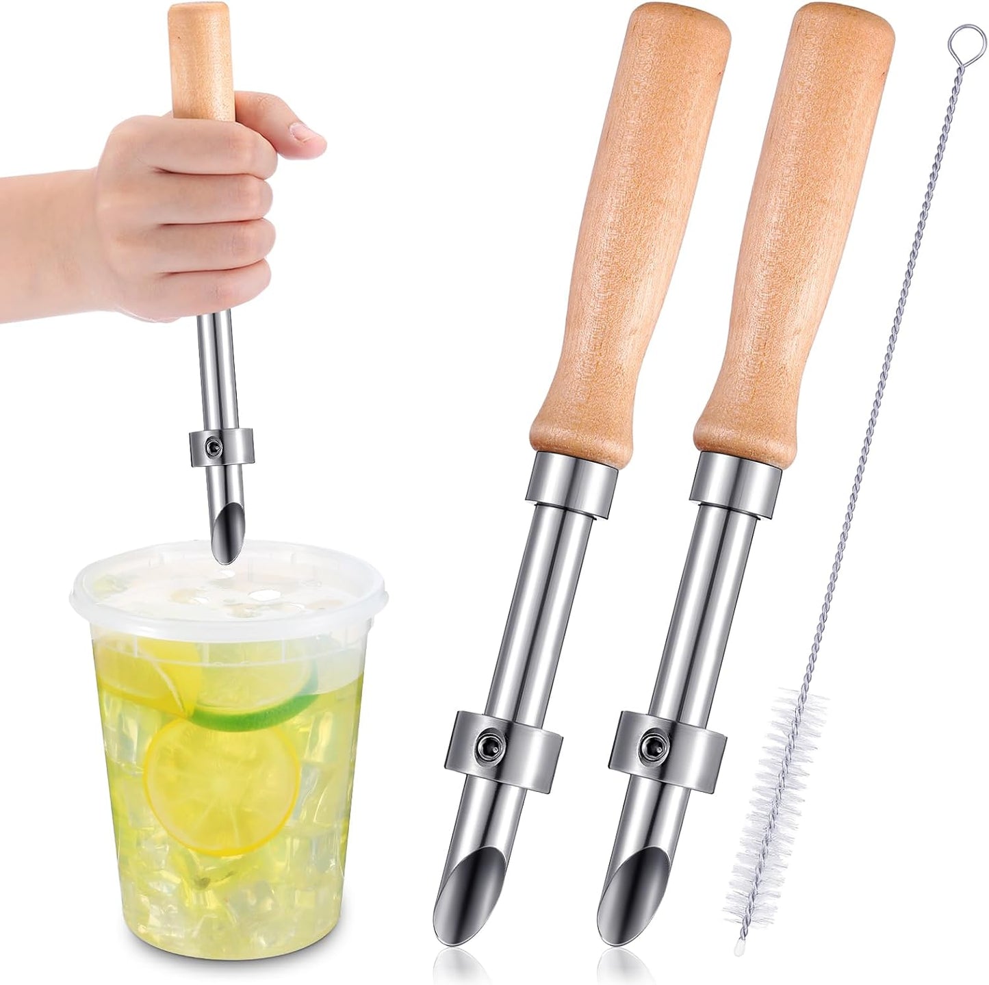 2 Perforadores paja tapas plástico vaso acero inox mango madera