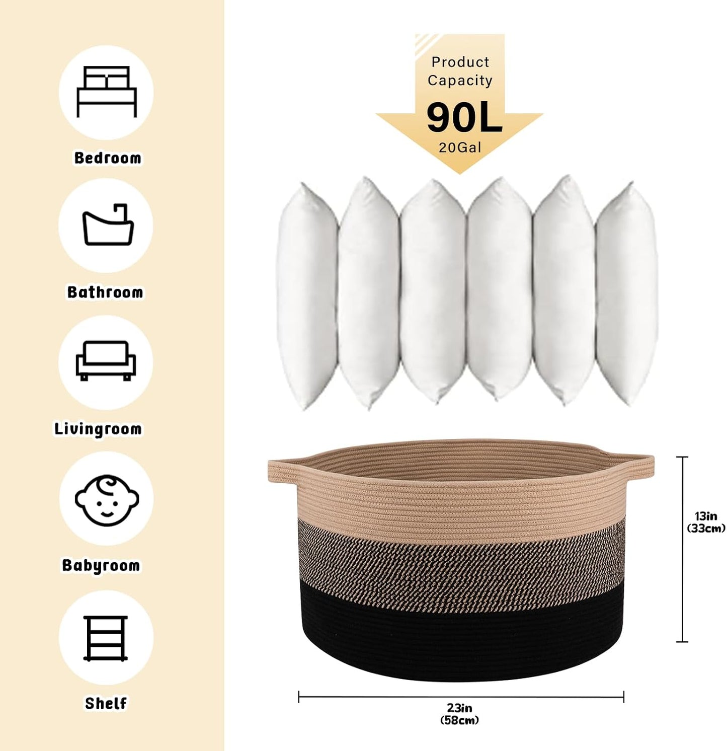 Cesta 90L para sala 23x13" con asa almacenamiento