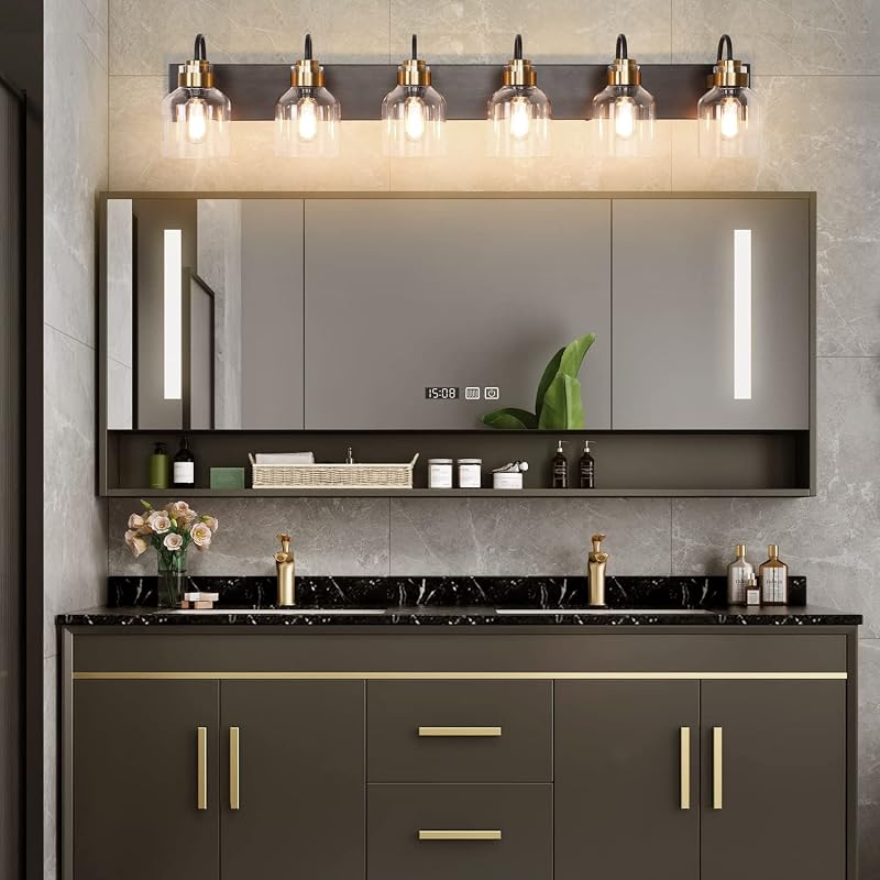 Lámpara baño 6 luces sobre espejo bronce cepillado