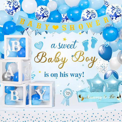 Kit decoración baby shower azul globos pancarta mantel