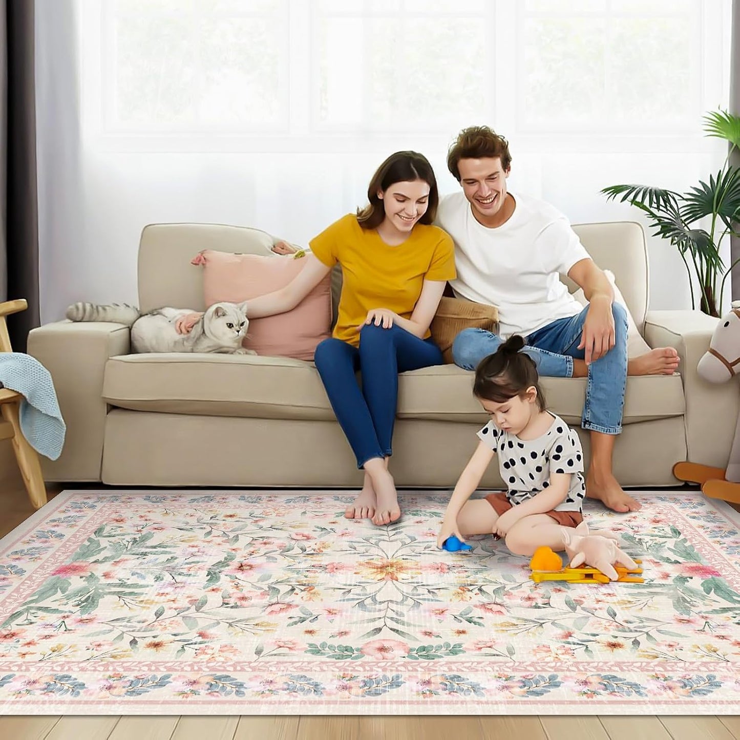 Alfombra bohemia 3x5ft color rosa beige antiderrap