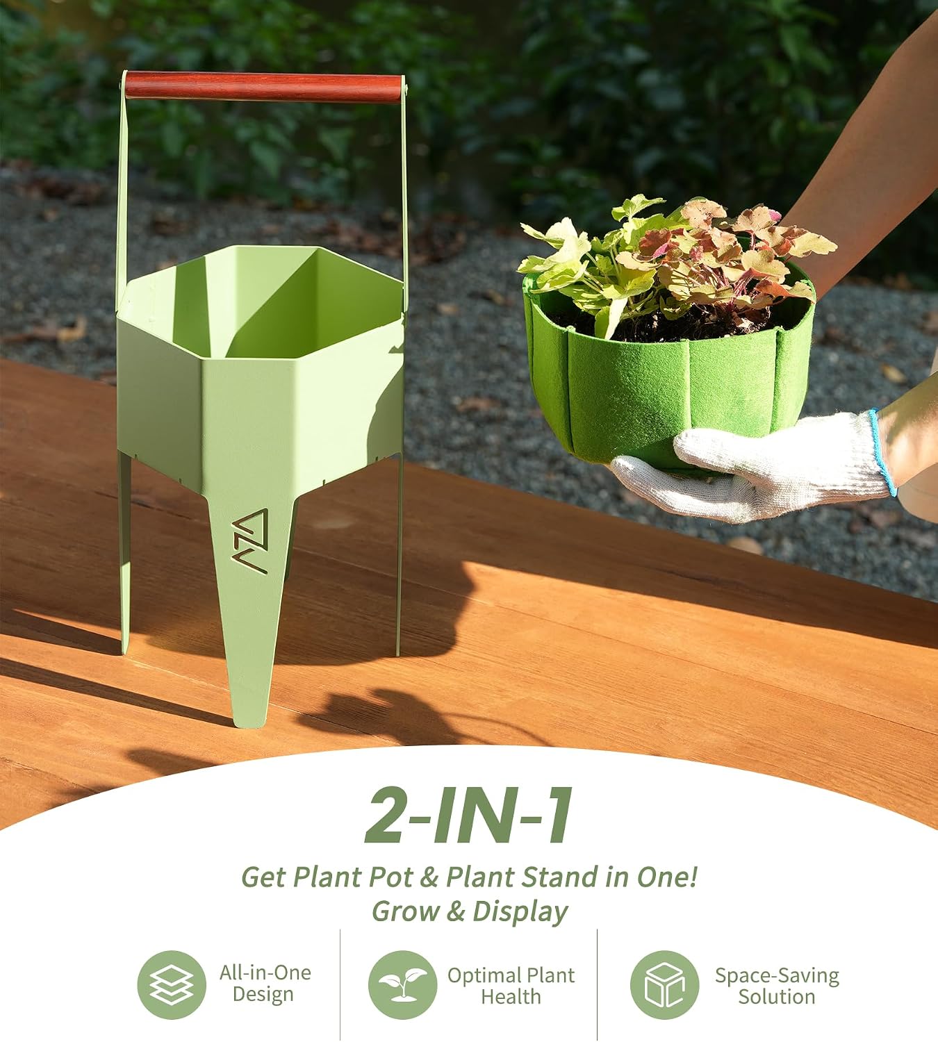 Maceta 2en1 con soporte bolsas cultivo asa 7.5x17.3pulg verde