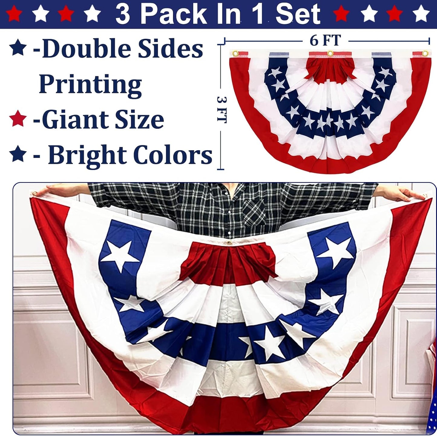 3 Banderas Americanas Plisadas 3x6ft Exteriores